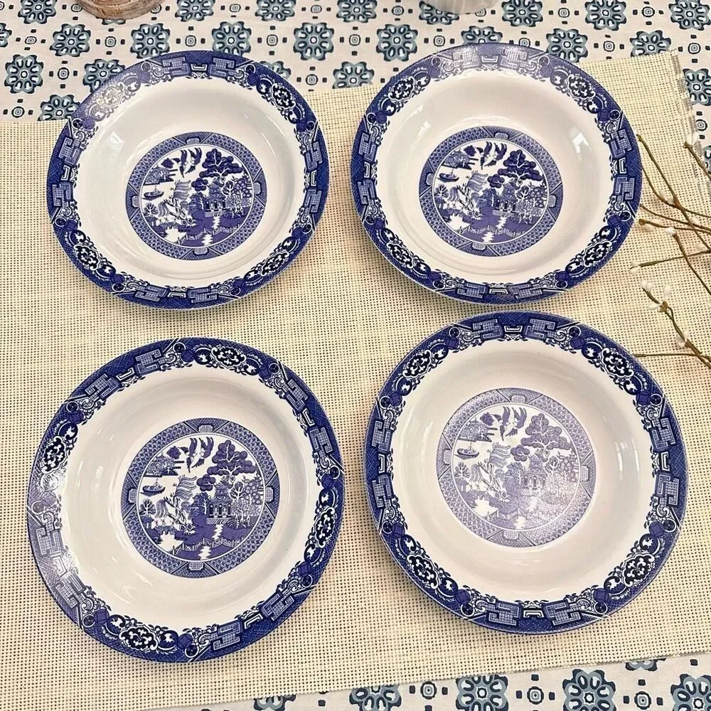 Royal Cuthbertson Vintage Blue‎ Willow Pattern Set of 4 Cereal Soup Bowl NEW